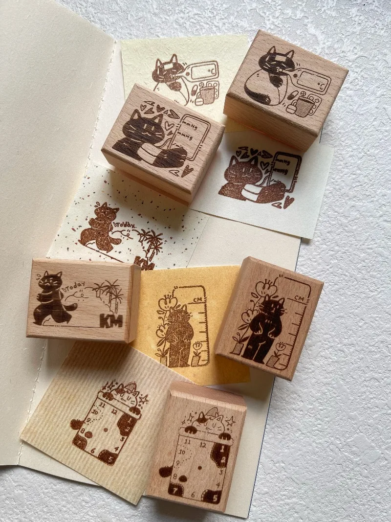XIAMI Studio Lovely Health Management Cats Wooden Rubber Stamp Set DIY Scrapbooking Photo Album Card Making Wood Seal