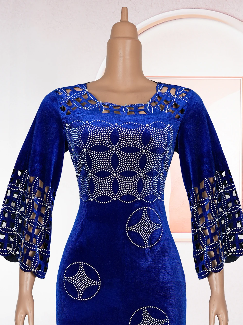 H&D 2025 Plus Size African Dress Women's Bule Fashion Velvet Wedding Party Dinner Gown Elegant Diamond Pearl Maxi Bubu Robe New