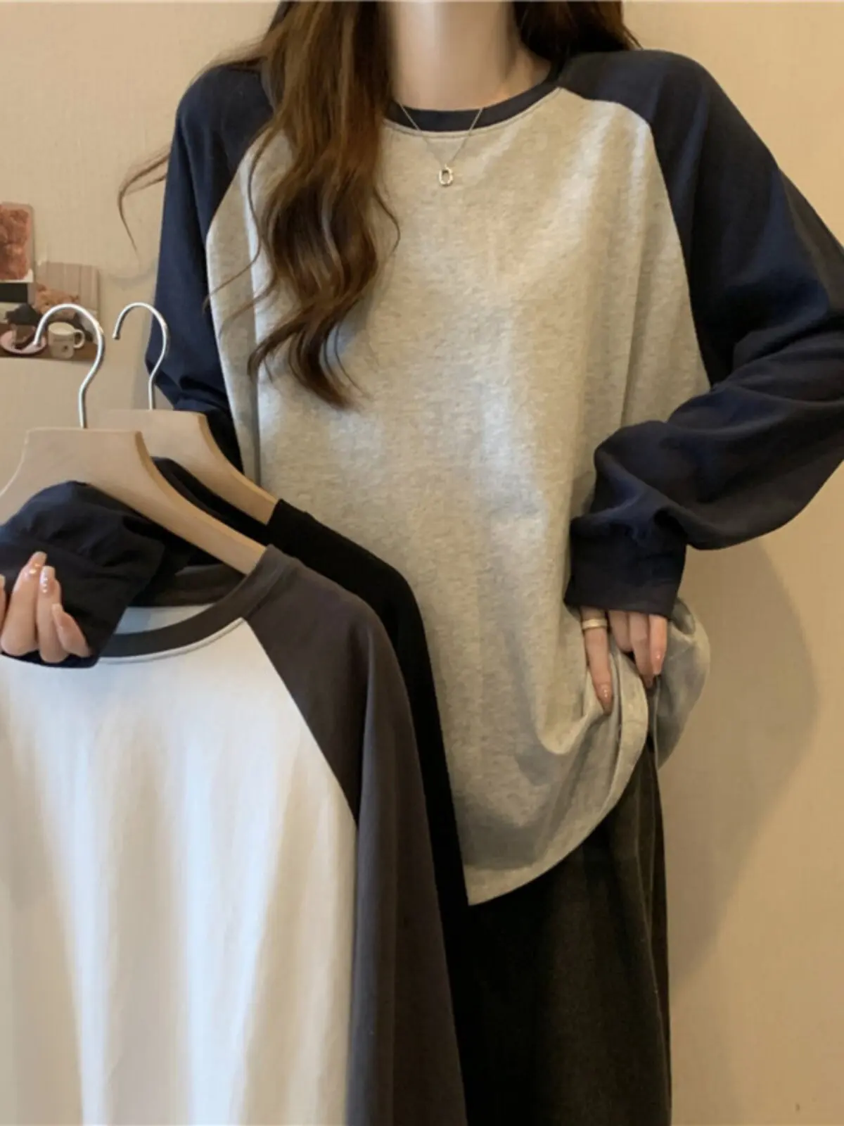 Hit Color Raglan Sleeve T-Shirt for Women Spring Fall 2026 New Design Loose Outdoor Long Sleeve Tops Shirts Back to School