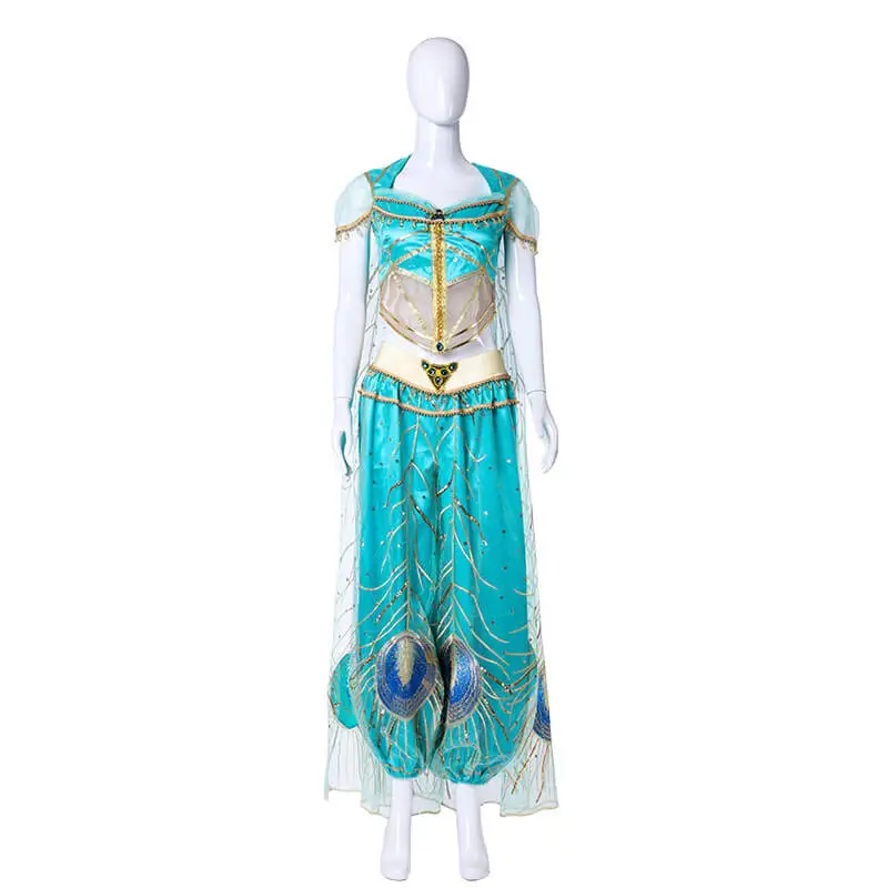 

Jasmine Cosplay Costume Adult Kids Princess Blue Fancy Dress Magic Lamp Tops Pants Removable Peacock Cape Takerlama