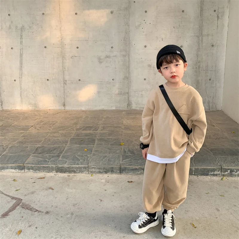 Boys Sweatshirts +Pants Kids Suits 2PCS/Set Cotton 2024 Khaki Spring Autumn Cotton Tracksuit Sport Christmas Gift Children Cloth