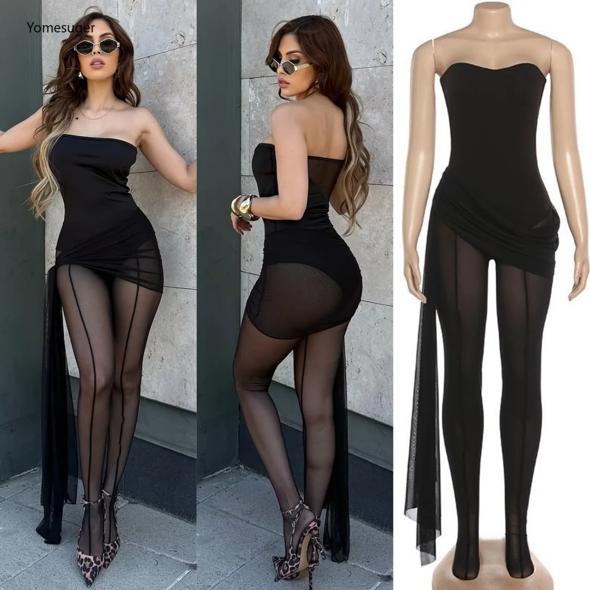 

Yomesugar Mesh Splice See Through Black Jumpsuit for Woman Coquette Clubwear Sexy Strapless Ruched Ribbon Stretch Skinny Romper