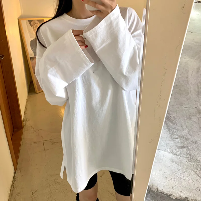 Fashionable Mid-Length Long-Sleeve Women's T-Shirt Base Layer White Two-Sided Slit Casual Loose Fit Autumn Seasonal Wear
