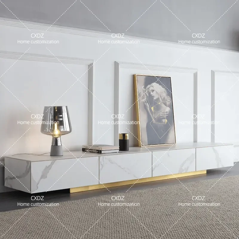 Modern Simple Gold Foot Rock Slab TV Cabinet and Coffee Table Set for Living Room Small Apartment Household Floor Storage