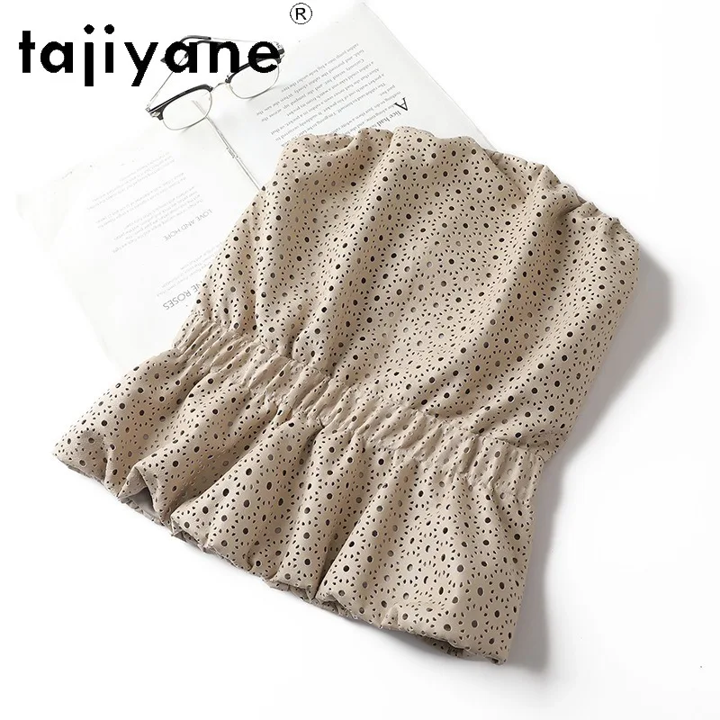 TAJIYANE Sheepskin Genuine Leather Tops Hollowed-out Elastic Waist Crop Top Women Clothing Sleveless Sexy Tube Top Streetwear 나시