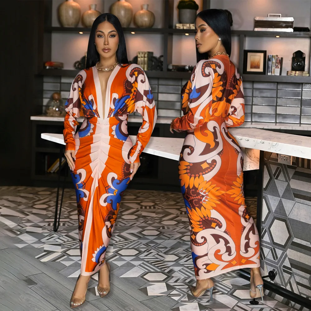 2025 Summer American European New Fashion Women's Casual Elegant Trendy V-neck Long Sleeve Ankle Length Dresses Female Clothes