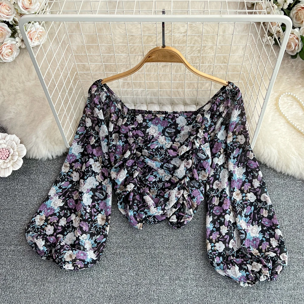 Lente Herfst Koreaanse Stijl Chiffon Shirt Temperament Vierkante Kraag Bladerdeeg Mouw Plooien Bloemen Alle-Geëvenaard Vrouwen Trui Blouse