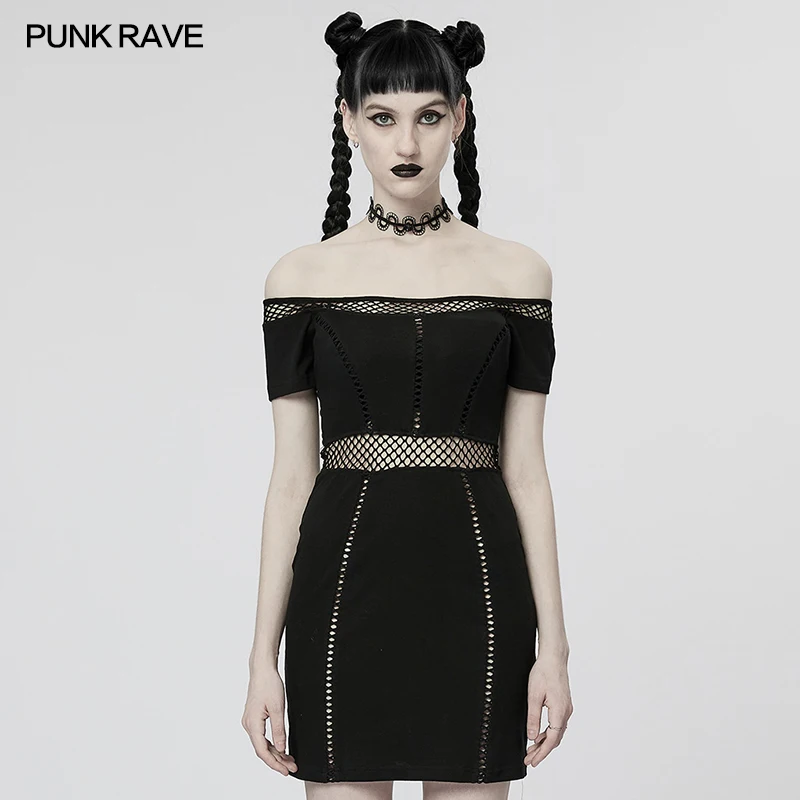 

Punk Rave Black Women Horizontal Neck Sexy Slim Dress WQ625