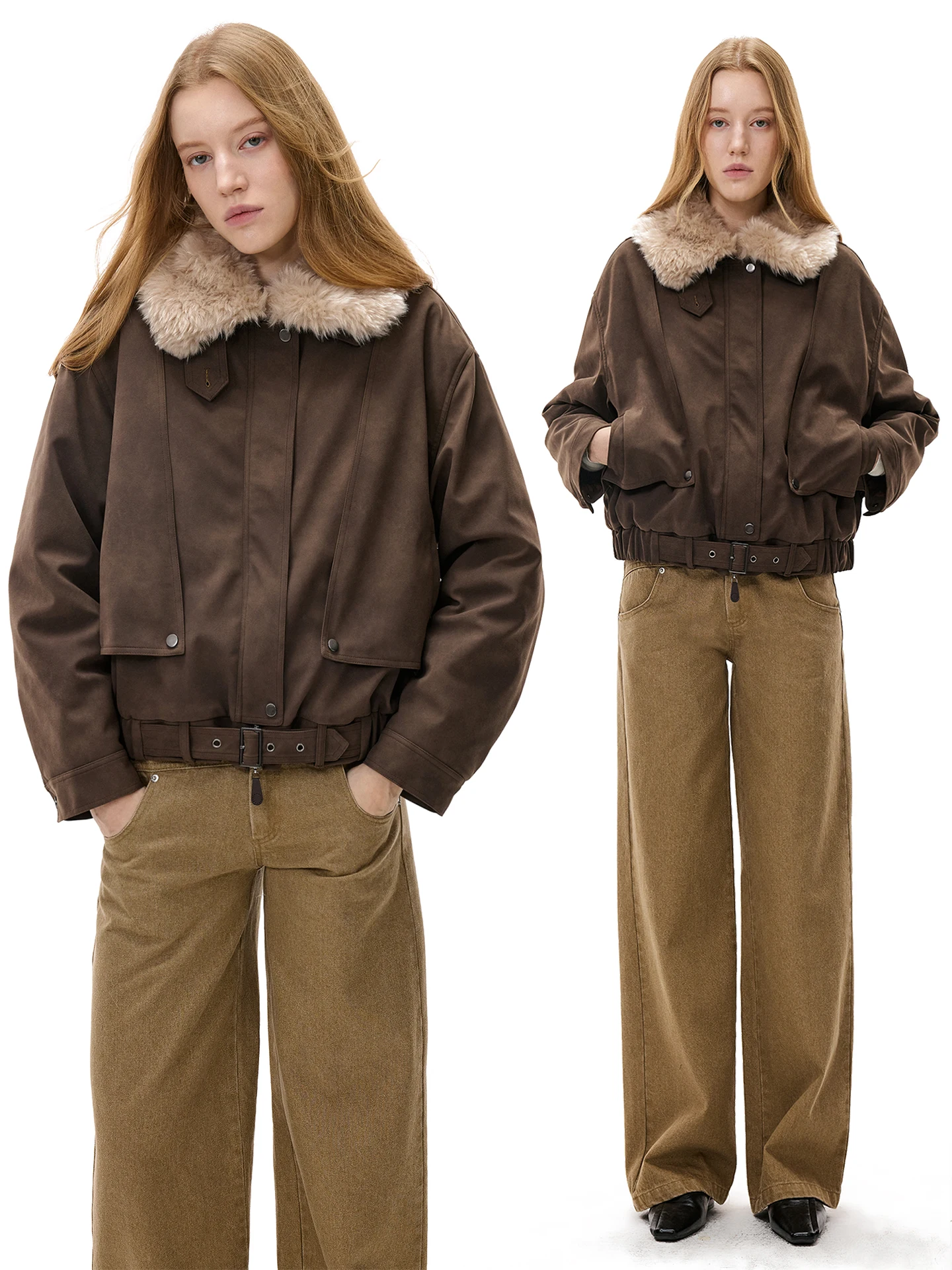 Abnehmbarer Pelzkragen oder PU-Leder-Jacke Damen-Wintermantel Lässiges Zweifarbiges Design mit Baumwollfüllung