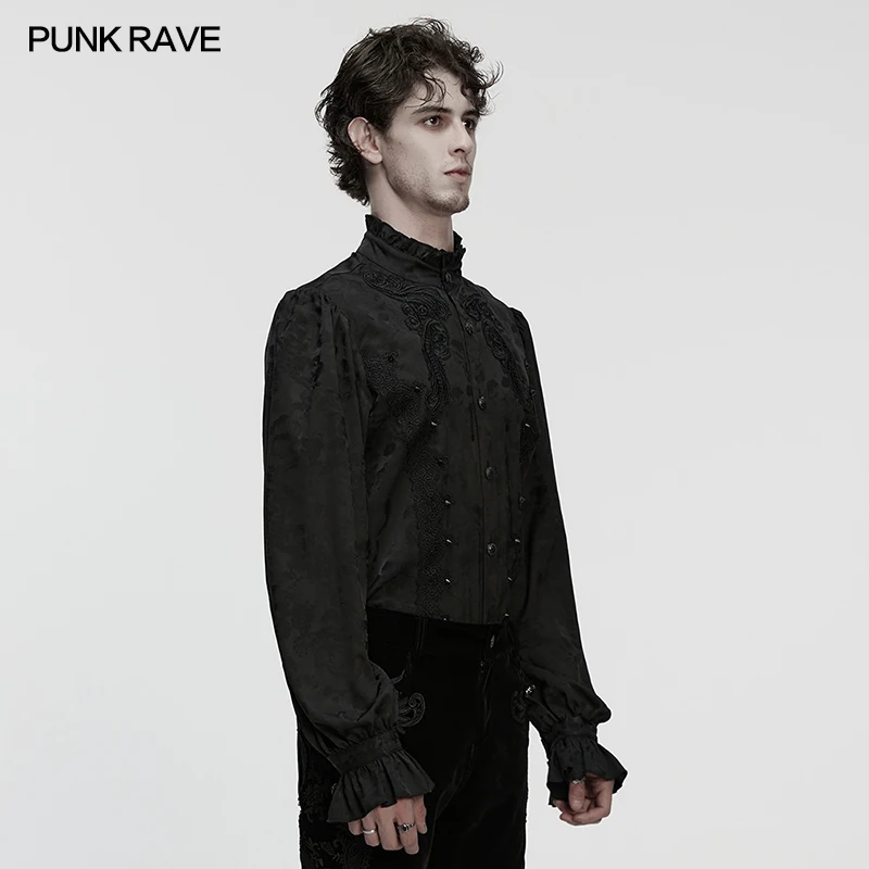 PUNK RAVE Men's Gothic Stand Up Collar Ruffled Edges Bubble Sleeve Shirt Goth Decal+exquisite Lace Elegance Party Club Blouses