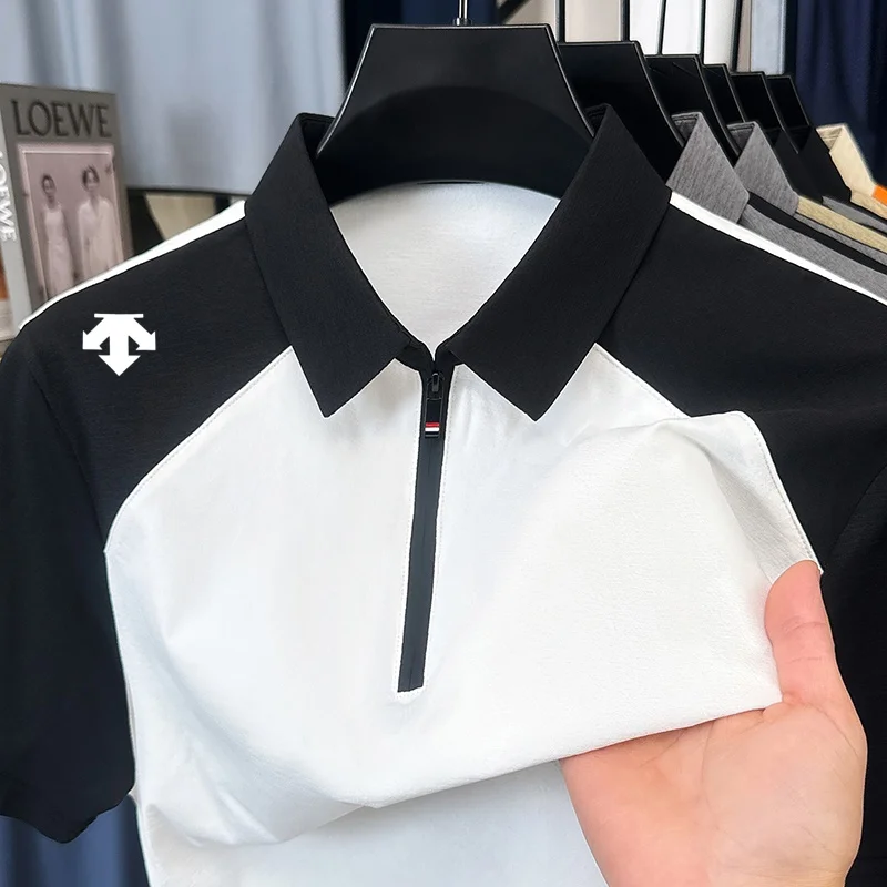 

High Quality Summer Man Short-Sleeved Shirt Lapel Half-Zip Print Leisure Snug Fashion Versatile Korean Version Men's Clothing