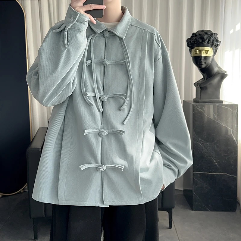 

New Chinese Sle Men's Long Sve irt Loose Outerwear Trendy Wind Buttoned Dao Pao Autumn Faion Casual Polyester Fiber