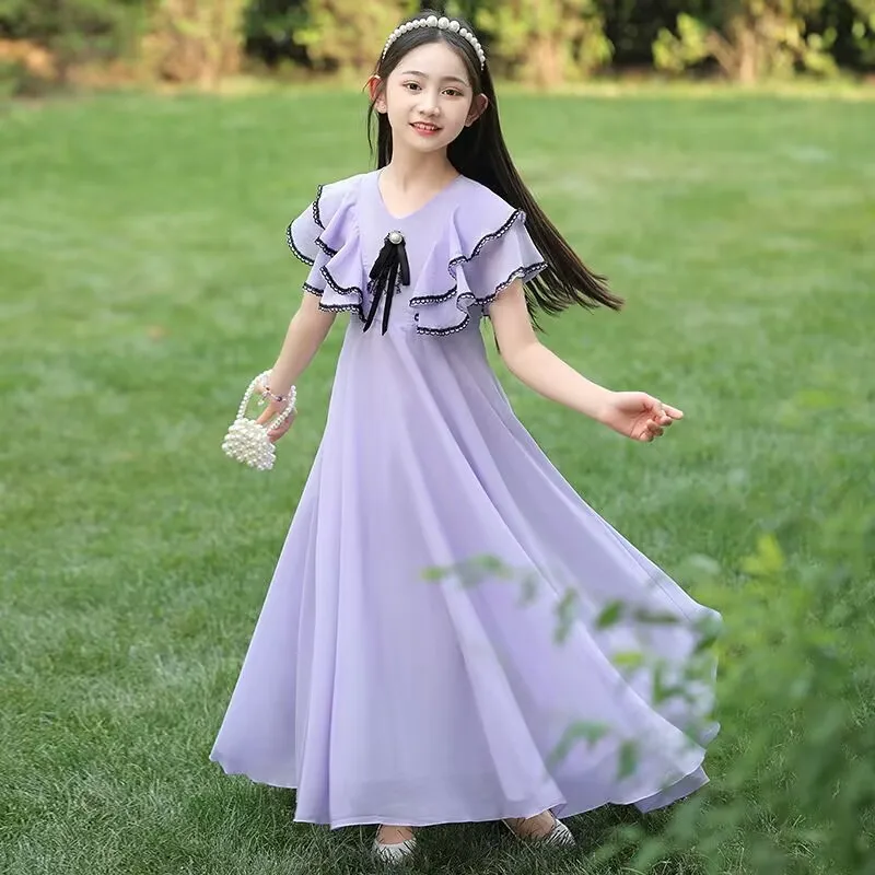 Girls Casual Dresses Fake Two-Layer Summer Dress Korean Bubble Sleeve Princess Gown for Girls