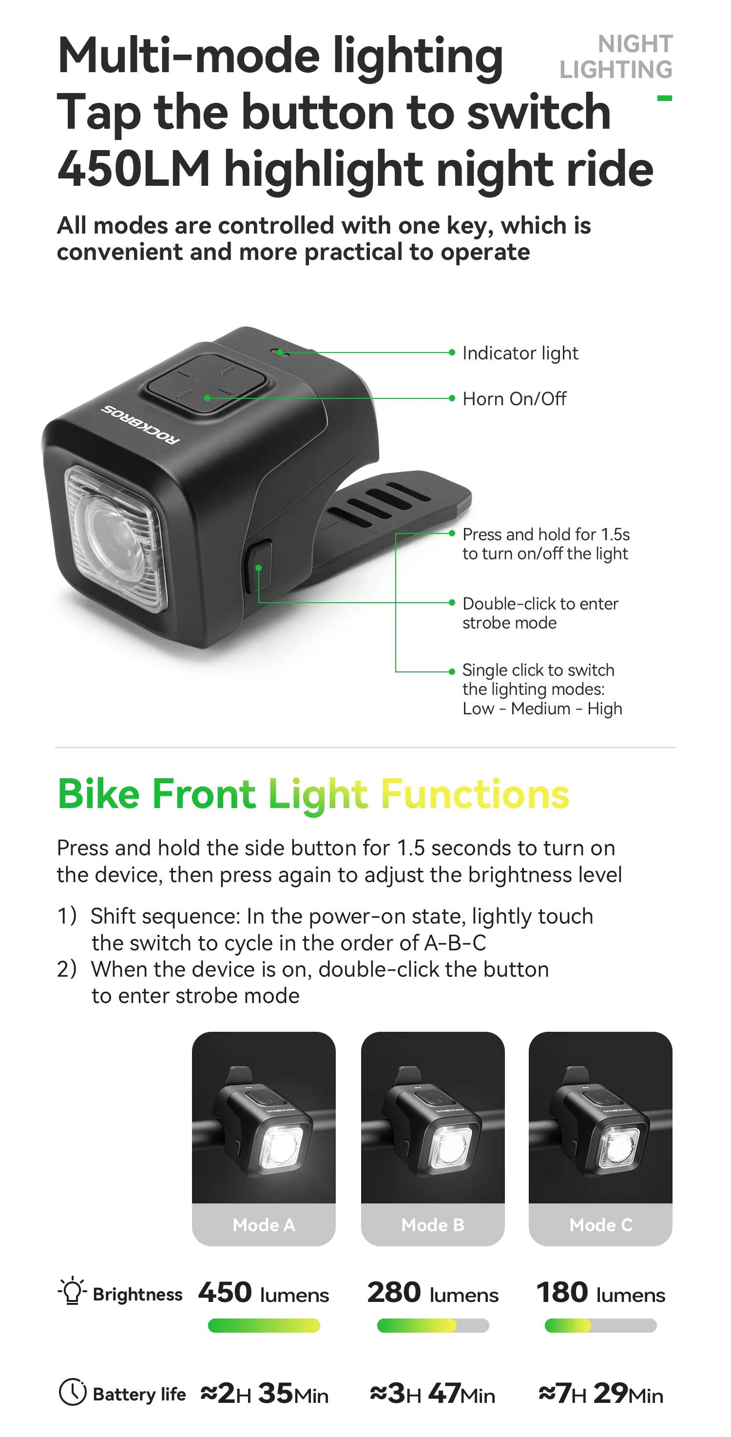 ROCKBROS Bike Horn Light IPX6 Rainproof Type-C Charging 2300mAh Headlight Illuminate Warn Two-in-One Electronic Horn Front Light