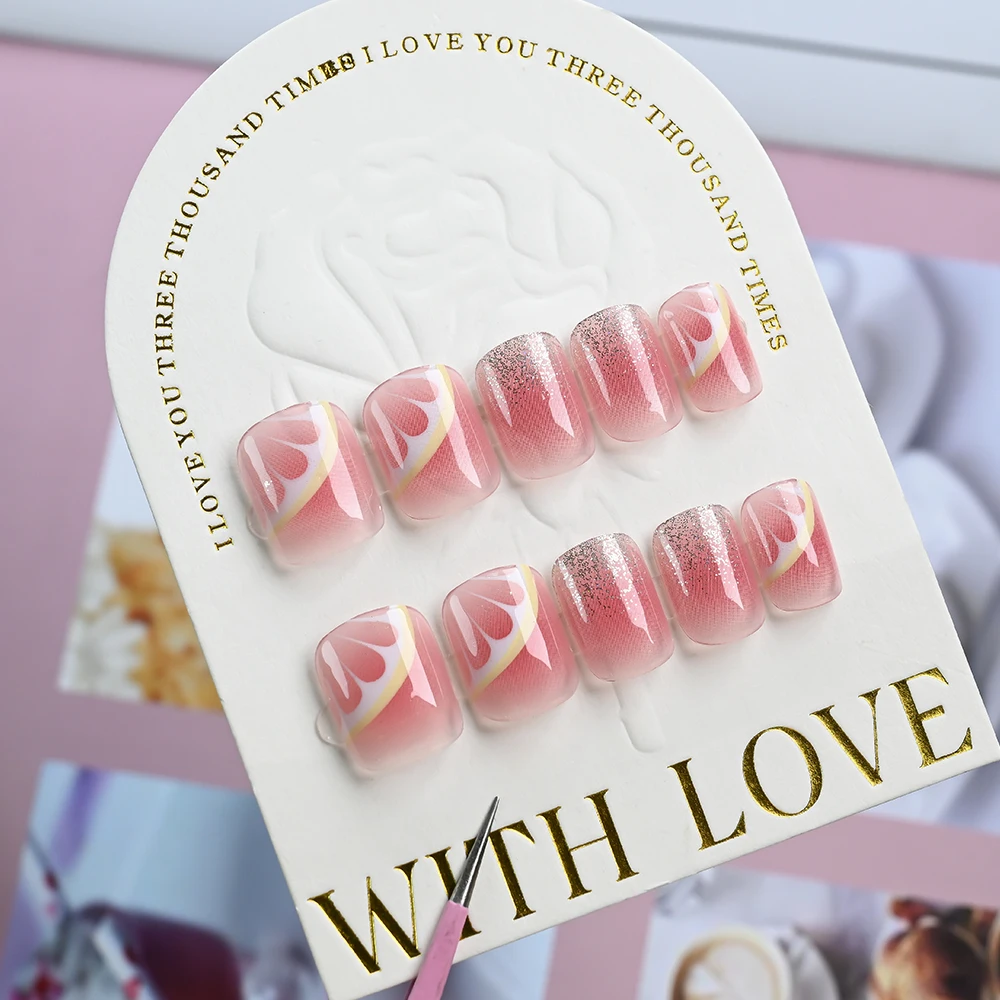 24 unids/caja colorete rosa degradado prensa en uñas diseño de rodajas de limón uñas postizas cuadradas cortas puntas de uñas postizas simples y duraderas *