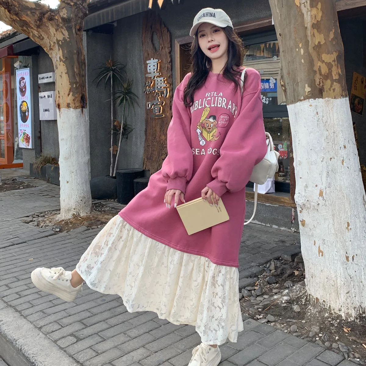 

Velvet lace patchwork long sleeved dress for women's loose and long length dress vestidos de mujer LOOSE FIT