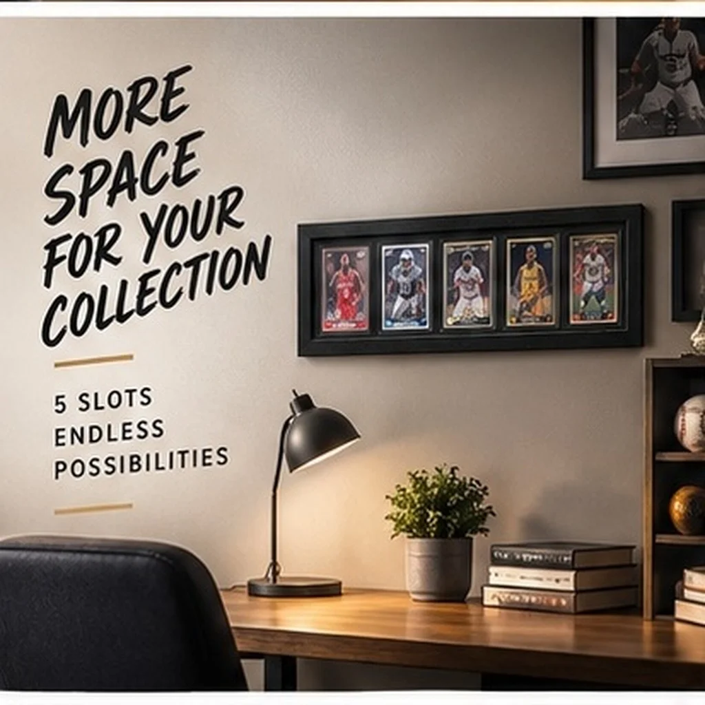Trading Card Display Frame 5-Grids Wall Mount Refined Holder for Baseball Football Basketball Hockey Soccer Cards 20x7.6x1.2