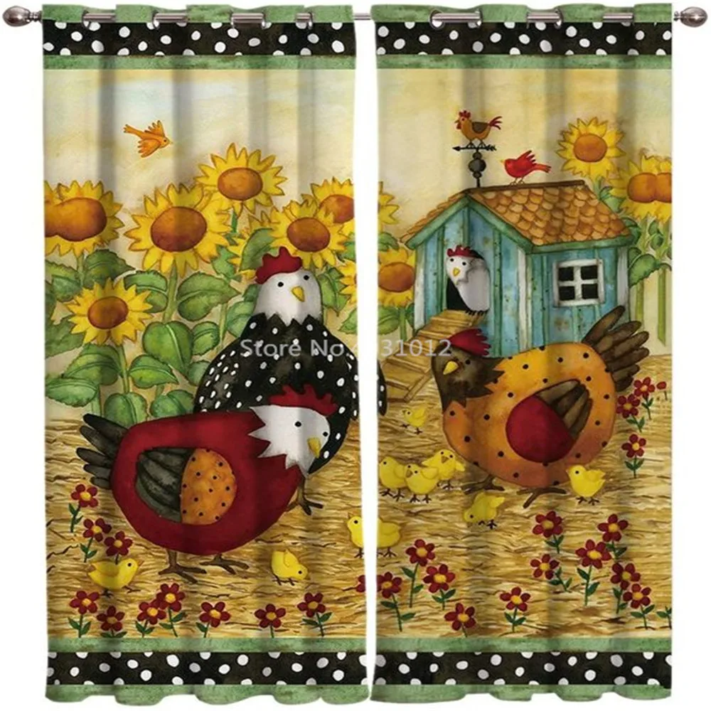 Farm Life Rooster Hen Sunflower Home Decor Window Curtains Bedroom Kitchen Curtain Panel Curtains for Living Room