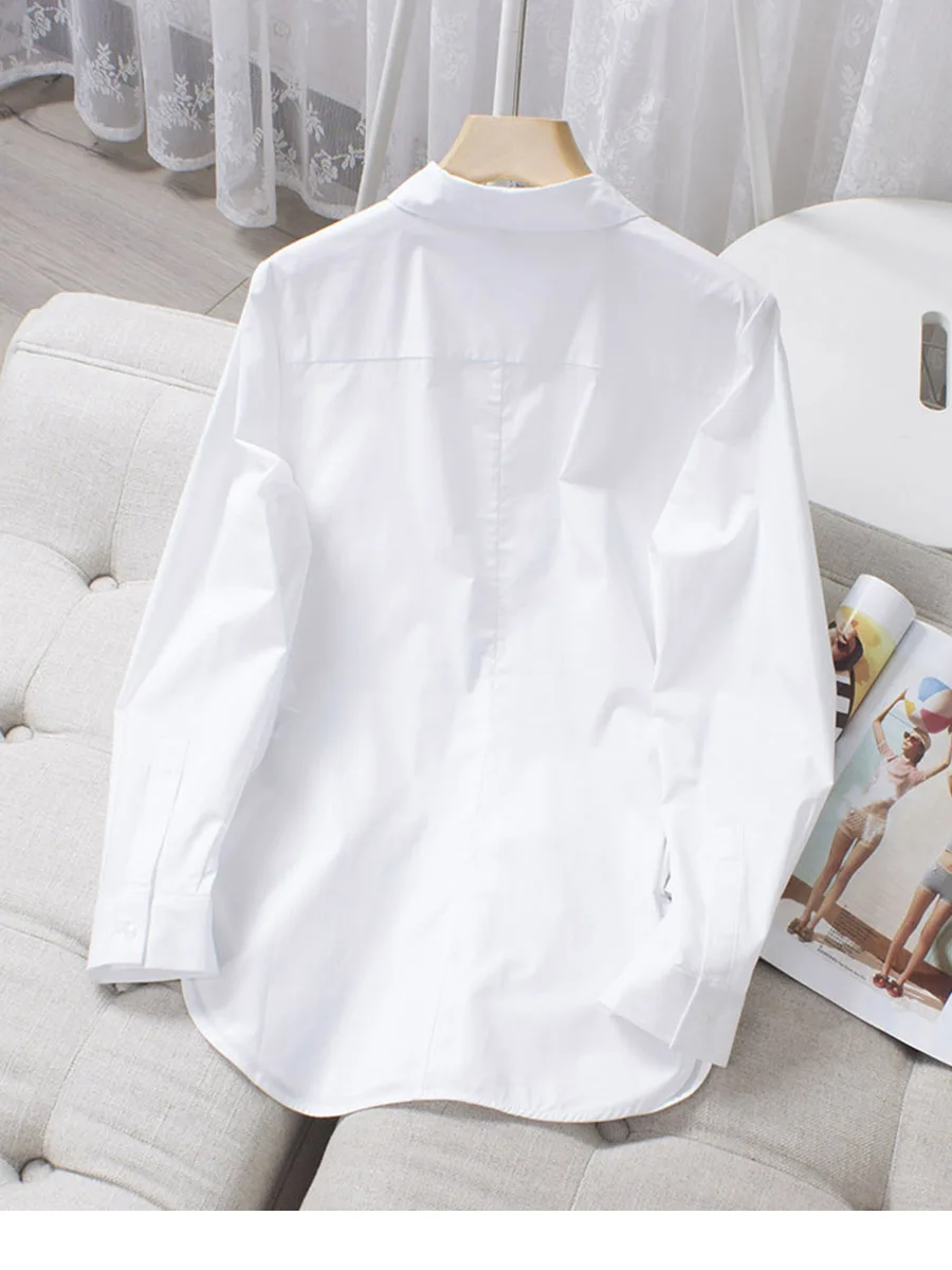 Pure White Tailored Stretch Shirt Women\'s Concealed Button Blouse High-Quality Cotton Spandex Elegant Waist-Defining Design