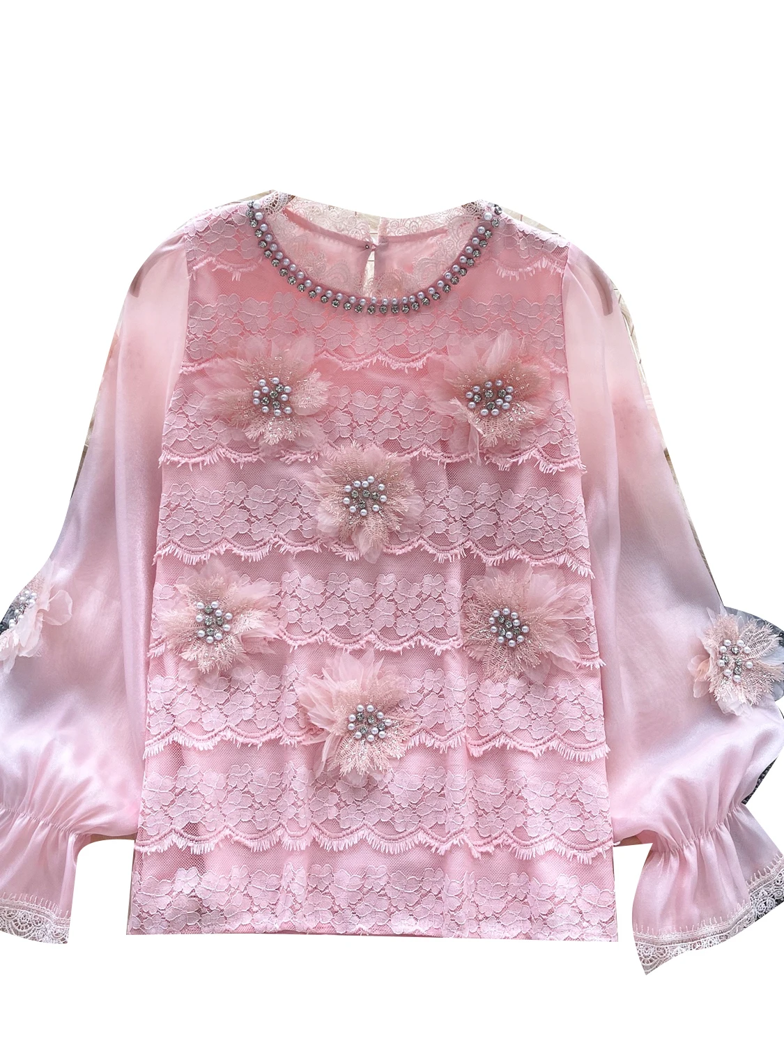 우아한 긴 소매 레이스 패치워크 다이아몬드 장식 헤비 워크 플로럴 3D 자수 여성 셔츠 한국 스타일 루즈핏