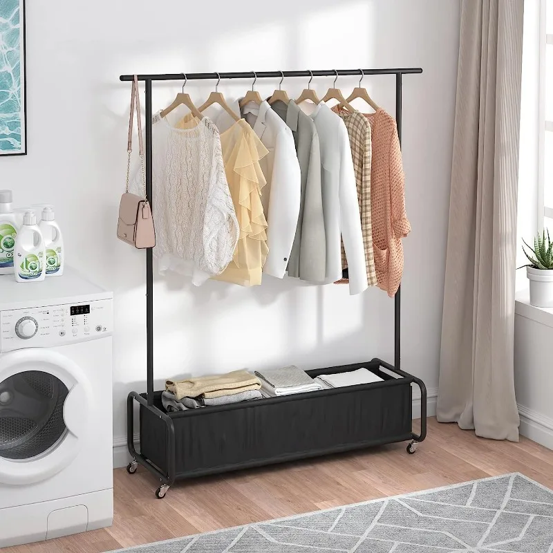 Clothes Rack With Large Storage Bag, Clothes Organizer Stand on Wheels, 2-in-1 Freestanding Garment Rack