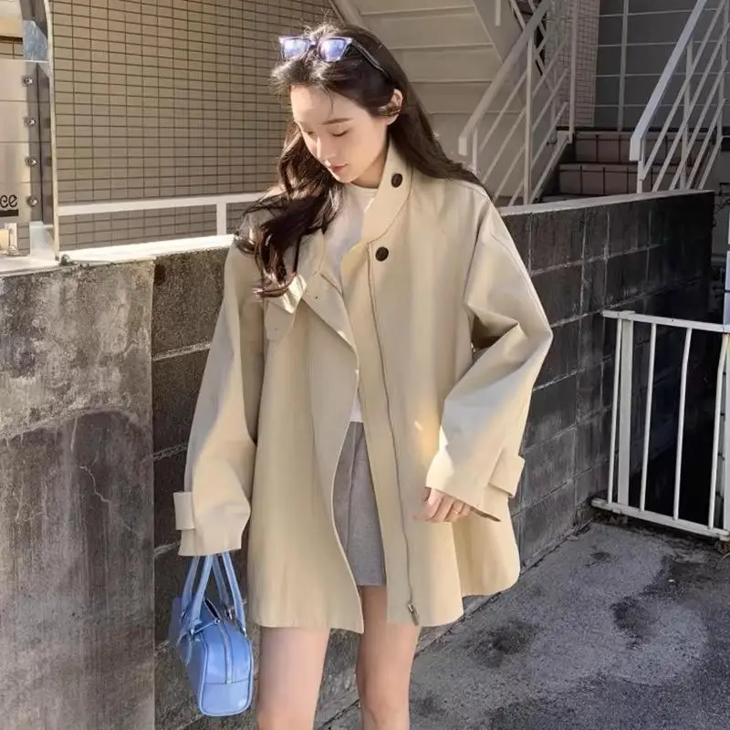 

Chic Autumn New Vintage Briti Sle Stand Collar Loose Long Sve Coat Women's Design Sensation Outerwear Jaet