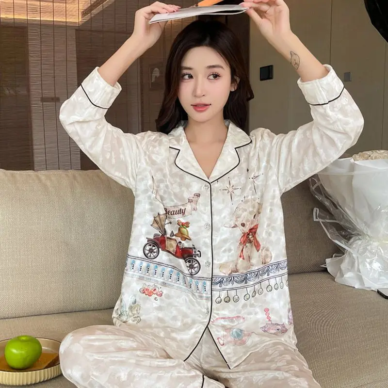 Spring Autumn New Sleepwear Women's Long Sleeve Sweet Cardigan Casual Homewear Suit Casual Large Size Fashio Pajamas Set 2024