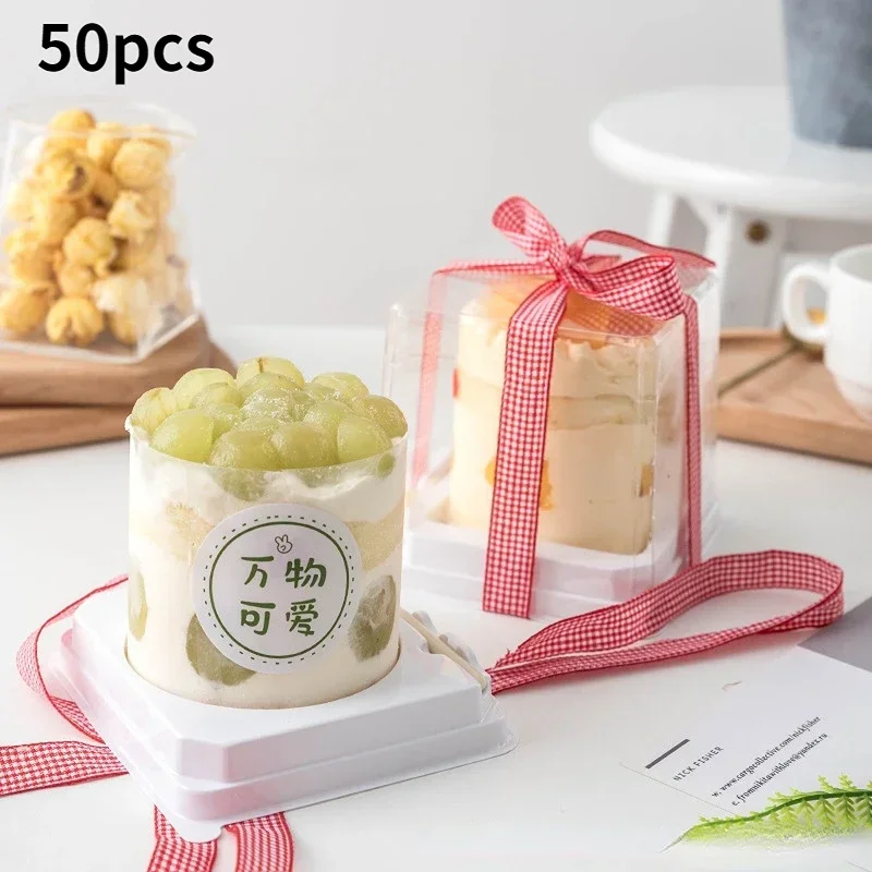 50Pcs Transparent Square Cake Box with Knift Mousse Dessert Cake Packaging Boxs Gift Pastry Container Holder Wedding Party Tools