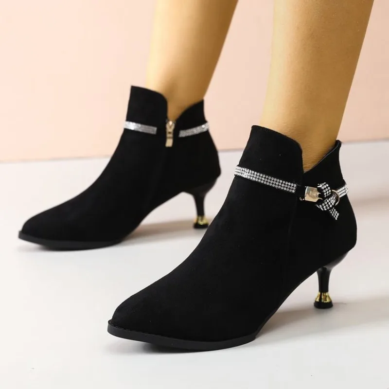 Damen High Heels Schuhe Elegante Wildleder Spitzpumps Stilettos Elegante Kurze Stiefel Mode Luxus Kristall für Frauen Herbst – Detail 10