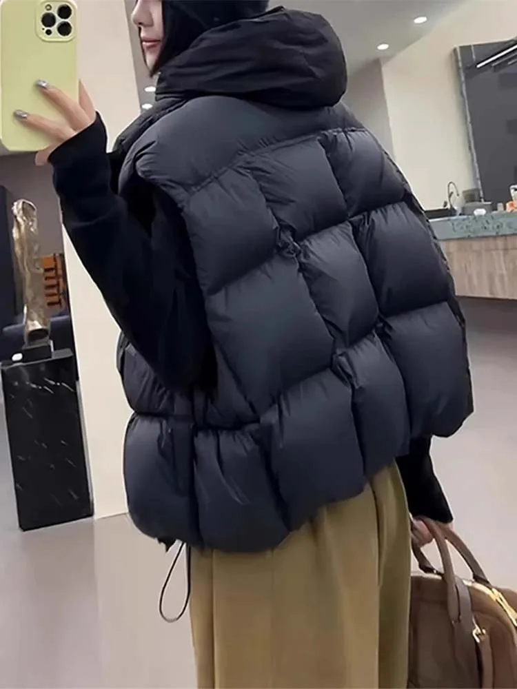 여성용 티엔드 다운 코튼 베스트 겨울 패션 스탠드 칼라 자켓 한국 스타일 루즈핏 컬러 따뜻한 아우터웨어