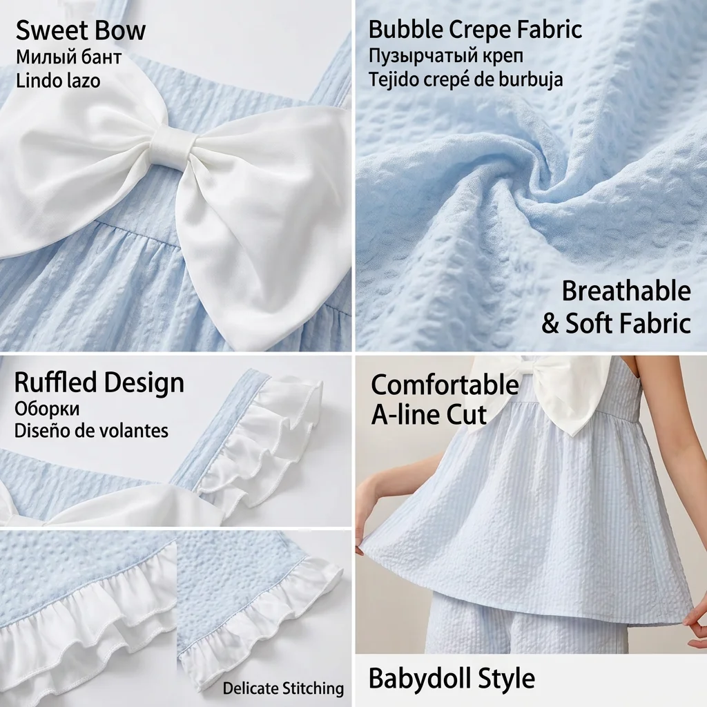 Pajama Set Women Light Blue Camisole Shorts Bow Ruffle Trim Summer Sleepwear Soft Comfy Breathable Lounge Nightwear Cozy