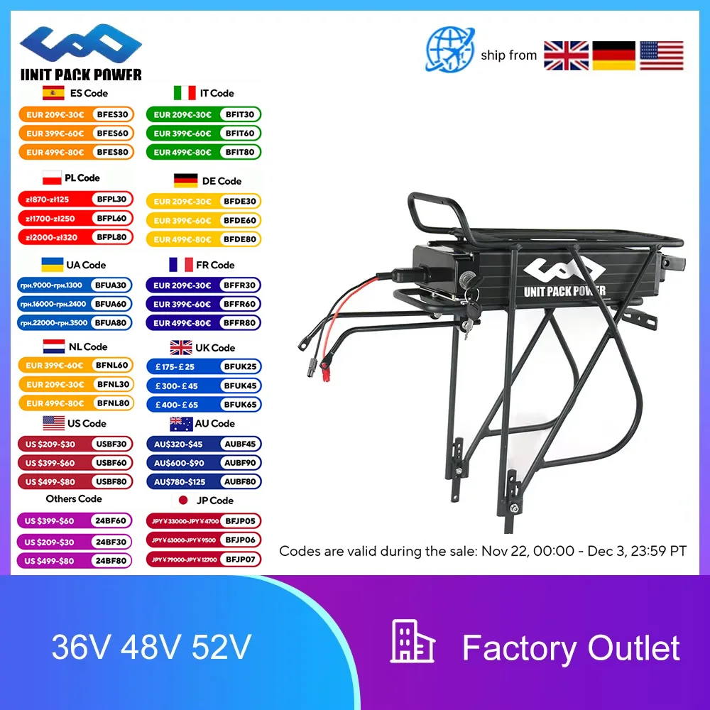 48V 21Ah Rear Rack Battery Electric Bike 52v 17.5Ah City Mountain 36V 20AH 24.5AH Luggage Hanger Taillight for 1000W1500W Motor