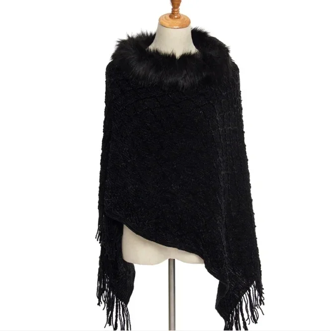 Large Knitted Shawl Women's Autumn Winter New Chenille Cloak Fur Warm Tassel Pullover Cloak Hairy Collar Outdoors