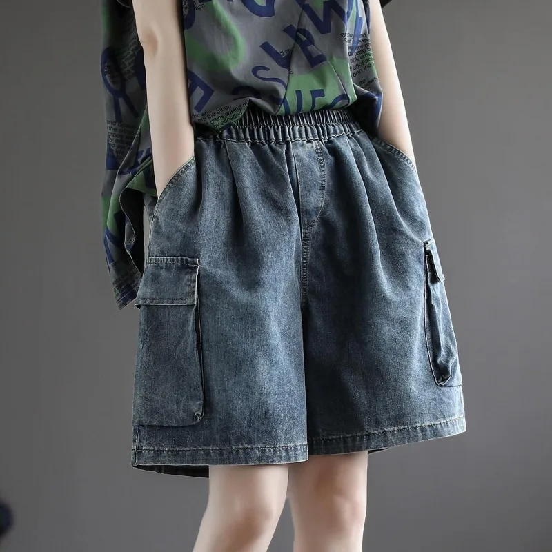 

Spring Summer Oversized Women's Korean Elastic High Waisted Patchwork Pocket Loose Distressed Wide-leg Denim Shorts JJ102