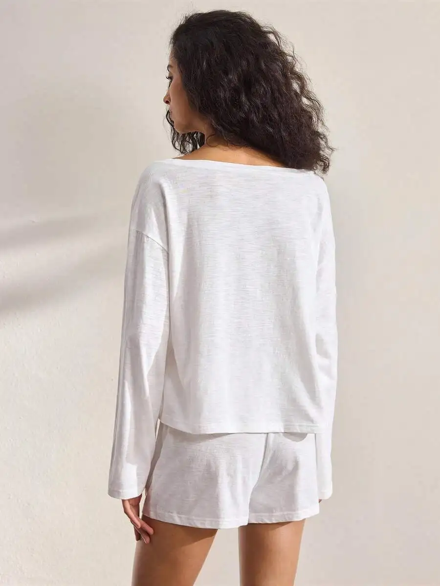 

Womens 2-Piece Soft Cotton Long Sleeve Pajama Set With Shorts Minimalist Loungewear