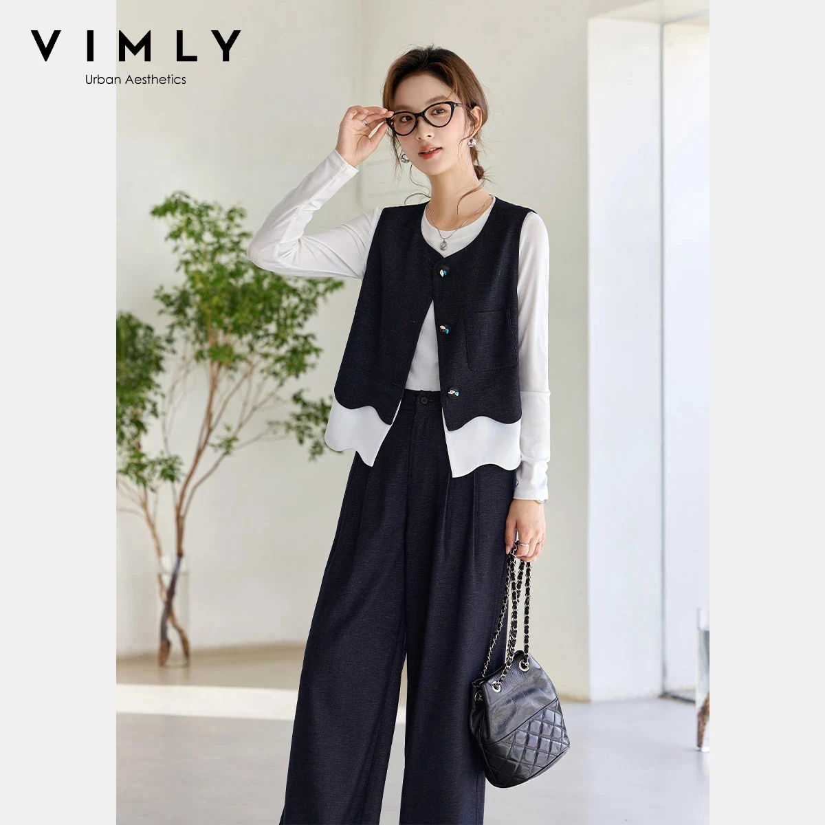 VIMLY Women's Suit Spring New Design Sense Contrast Color Patchwork Vest Wide Leg Trousers Casual Commute Two Piece Set A3766