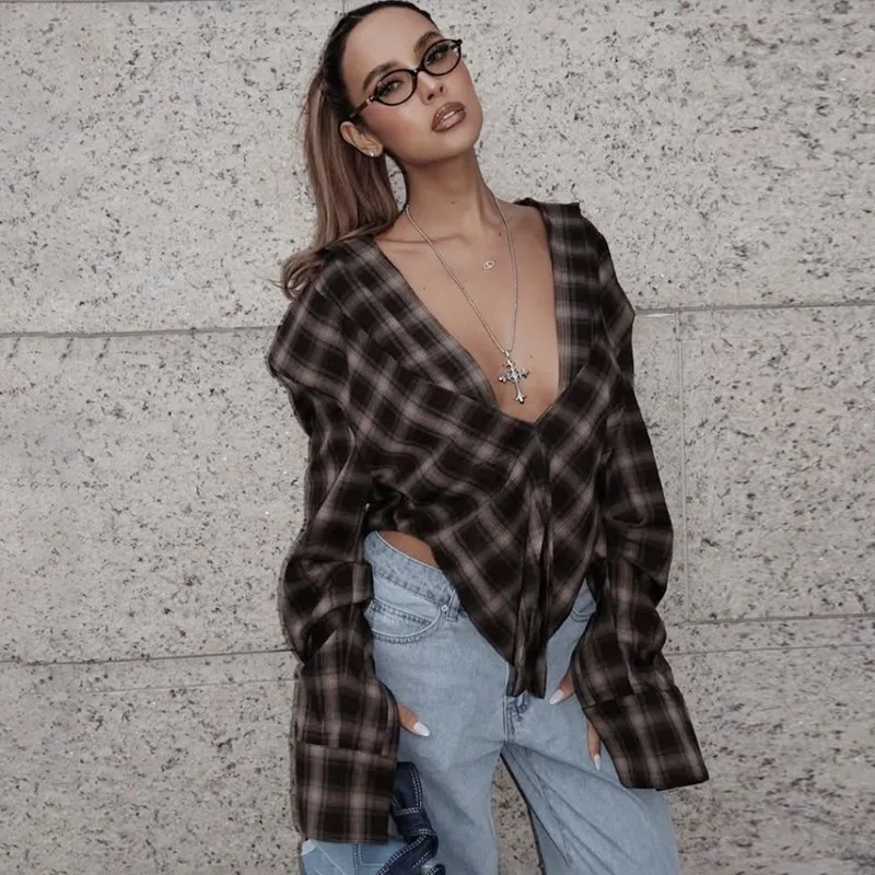 

Talenza Women Sexy Blouses Vintage Contrast Plaid V-Neck Slim Shirt Top Fashion Y2k Party Look New High Waisted Female Shirt Top