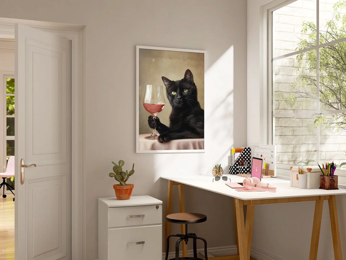 Black Cat with Glass of Wine Pink Print Animal Preppy Poster Painting Modern Boho Wall Art Girly Dorm Tween Teen Room Decor Fram view 3