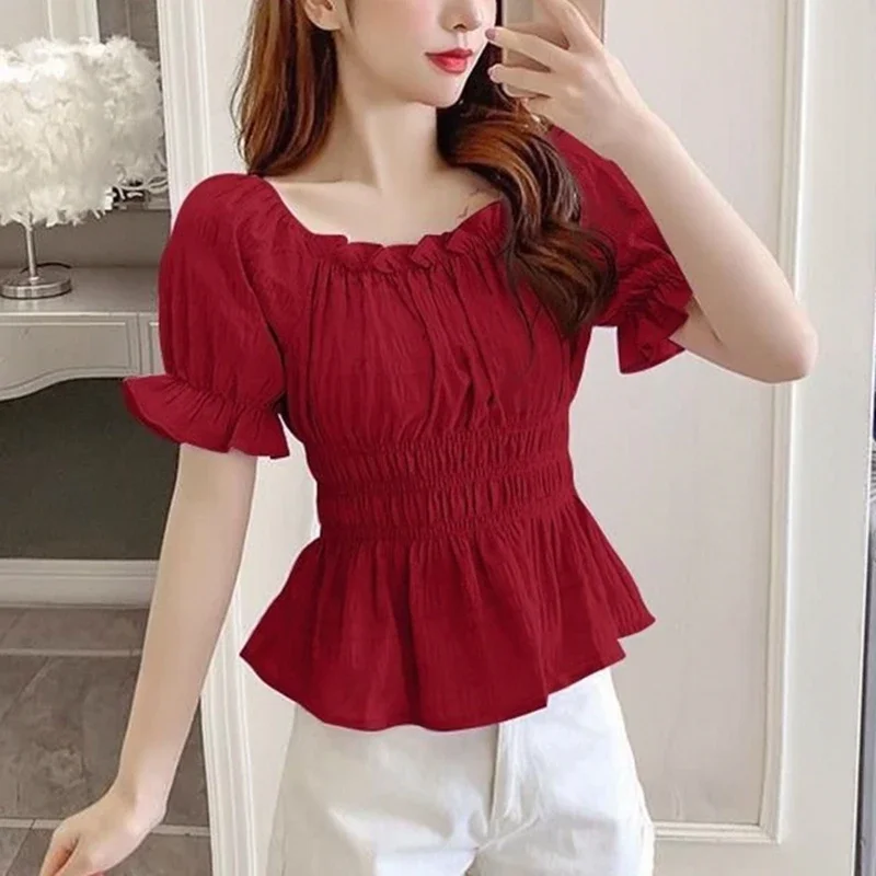 Vintage Summer Chiffon Blouses 2024 Fashion Off Shoulder Ruffles Casual Blusas Mujer Slim Purple Corset Puff Sleeve White Tops