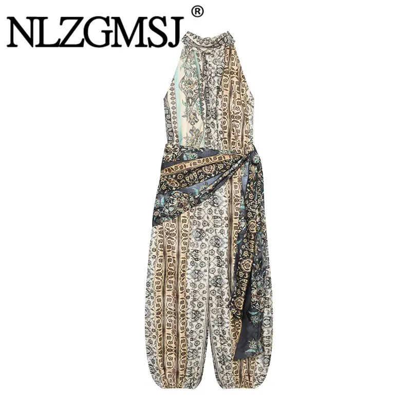 Nlzgmsj 2026 Summer Boho Women Vintage Print Halter Neck Jumpsuit Sleeveless Wrap Self Tie Belt High Waist Casual Romper