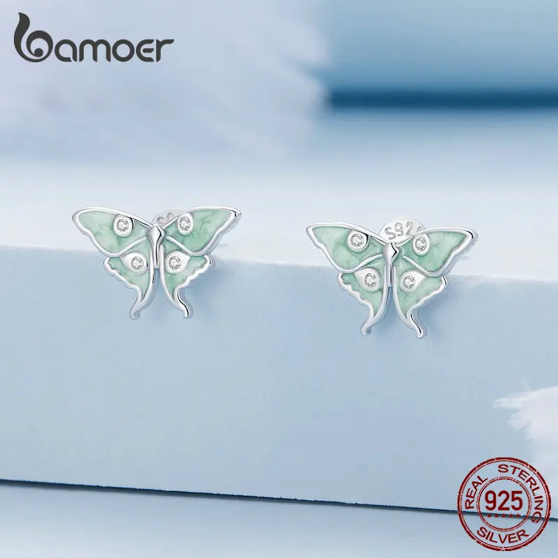 Bamoer 925 Sterling Silver The Wizard Of Oz Butterfly Stud Earrings Mint Green Enamel Insect Earrings for Women Birthday Gift