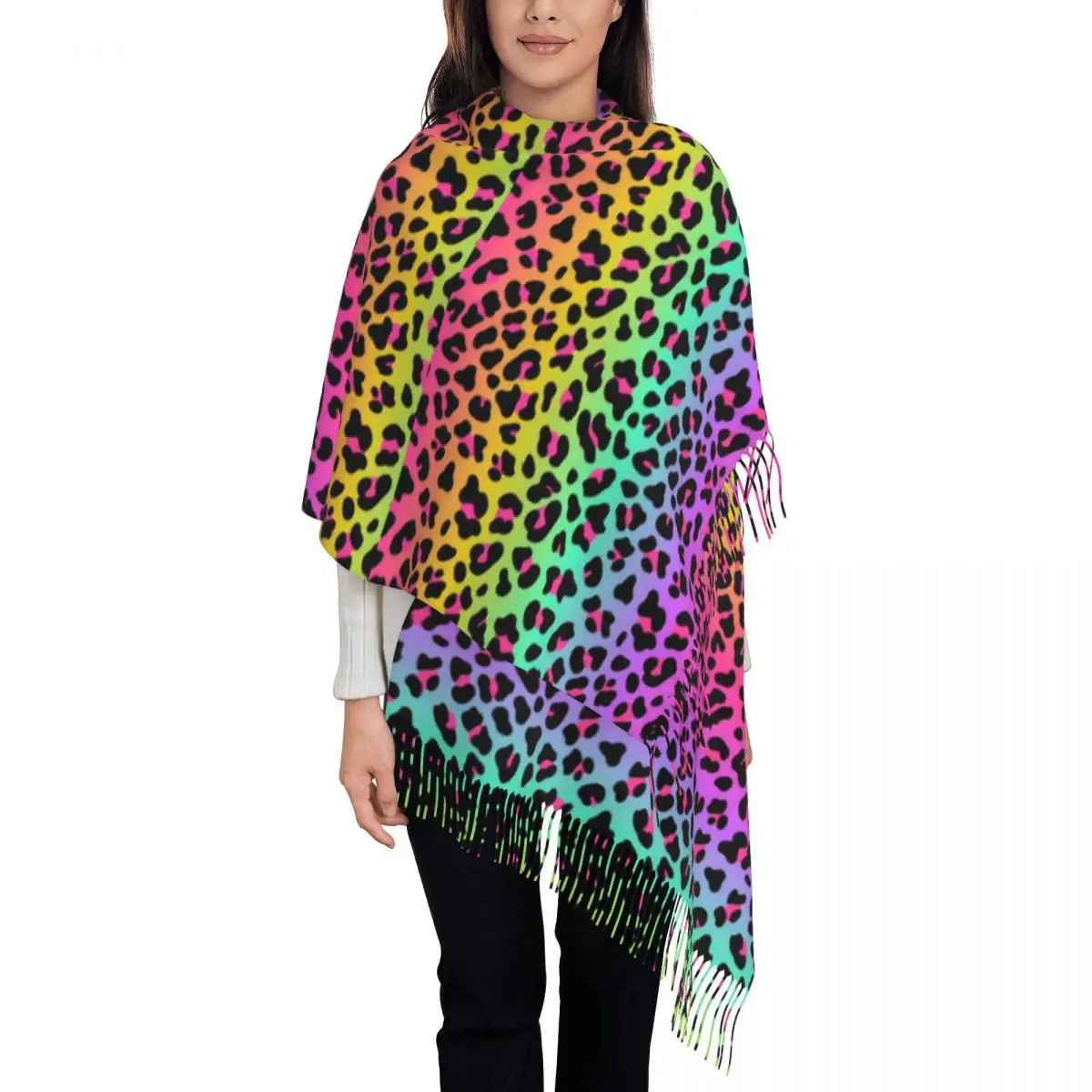 Ladies Scarf Warm Soft Rainbow Leopard Headwear Scarves with Long Tassel Cheetah Neon Vintage Shawls and Wrap Winter Bandana