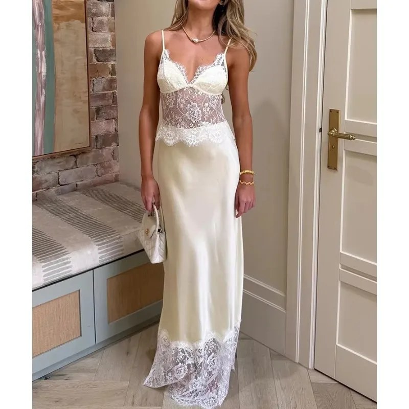Spaghetti Strap Backless Sexy Maxi Dress Women Elegant Lace Patchwork Satin V Neck Sleeveless Club Party Long Dresses