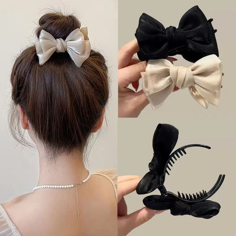 1 Pieza Pinza para el pelo de malla brillante de color liso con lazo para mujer y chica, pinza de agarre para moño, accesorios para el cabello