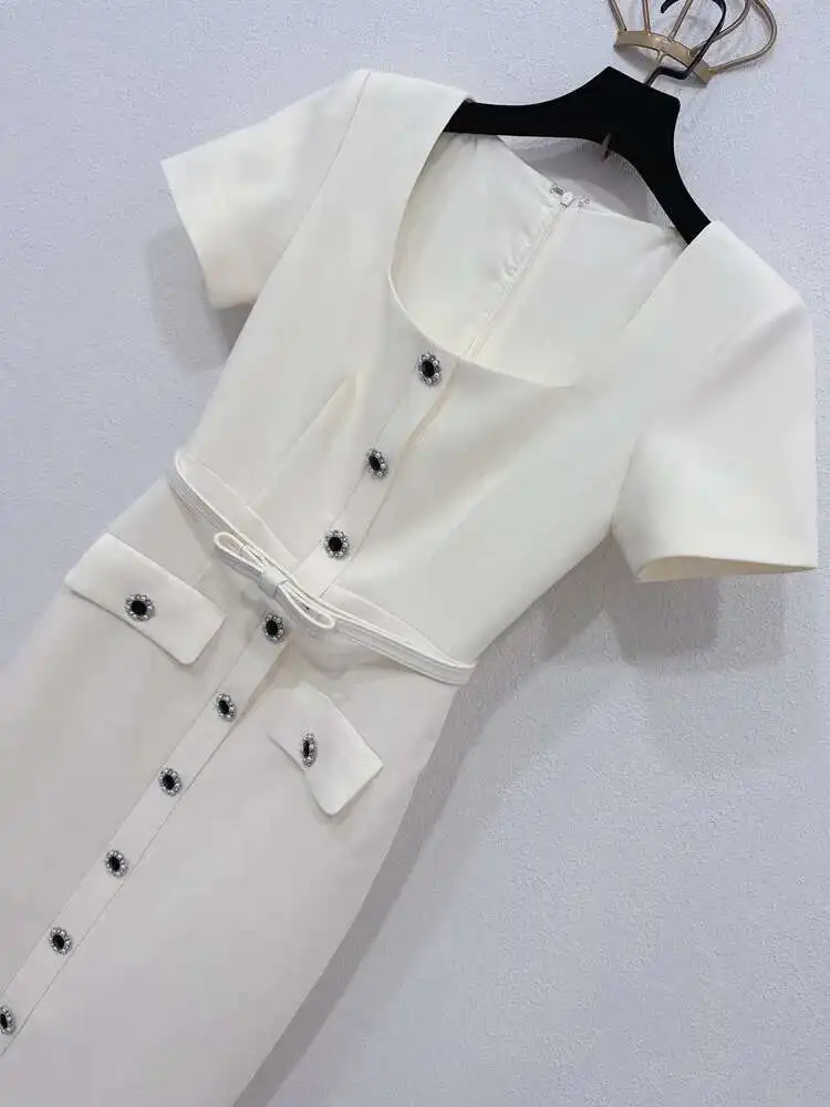 Beige Luxury Long Dresses Women 2025 Spring Summer Bodycon Single Breasted Crystal Evening Party Vestidos Pencil Prom Robe