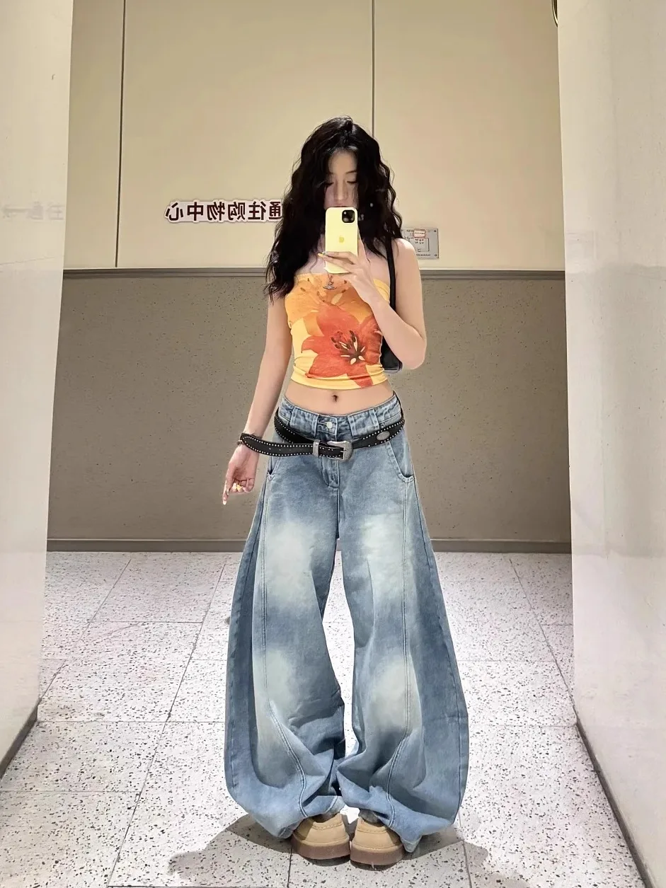 กางเกงยีนส์ทรงวินเทจเอวสูงแบบเว้าข้าง ทรงขากว้างลากพื้น สไตล์อเมริกัน สำหรับผู้หญิง ใส่สบาย ทรงหลวม ใส่ได้ในฤดูร้อน