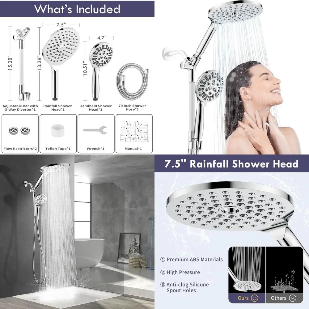 

Роскошная двойная душевая система с дождевой системой 7,5 и 9-функциональным портативным устройством, длинный шланг 78, хромированная отделка