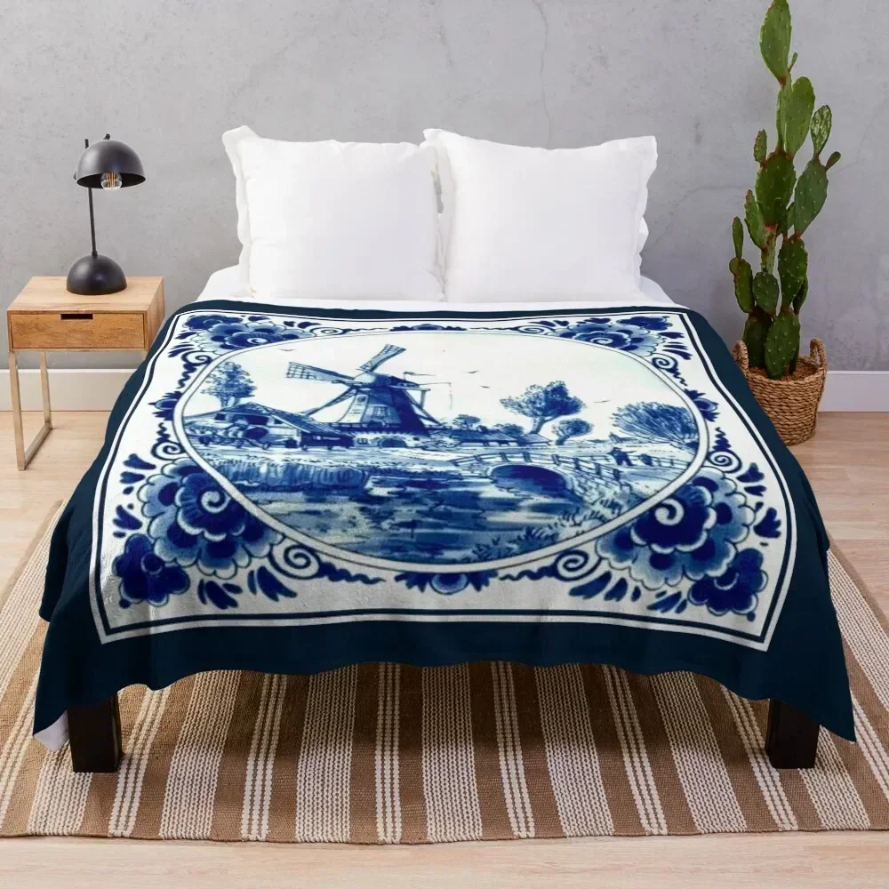 

DUTCH BLUE DELFT : Vintage Windmill and Bridge Print Throw Blanket Long Lasting Soft Plush Blanket for Daily Use