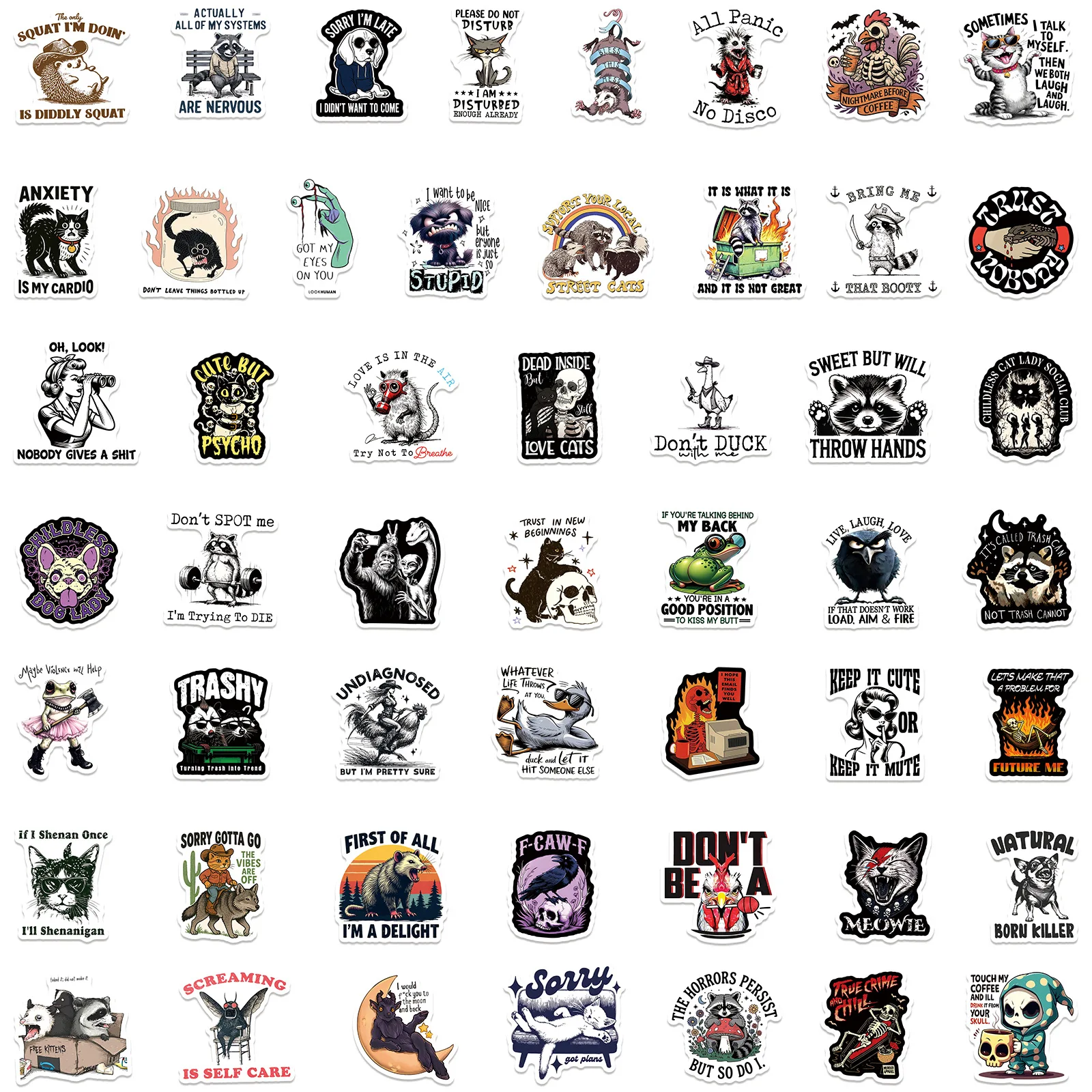 50Pcs Funny Raccoon Quotes Cartoon Stickers Tablet Skateboard Desktop and Mobile Phone Case Waterproof Decorative Stickers