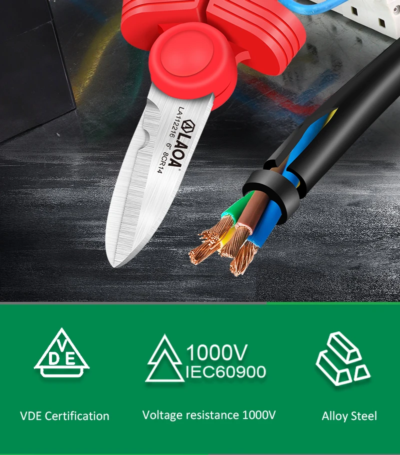 LAOA VDE Elektrikerschere 1000 V isolierter Kabelschneider, gebogene Drahtschere, Crimpwerkzeuge – Detail 2